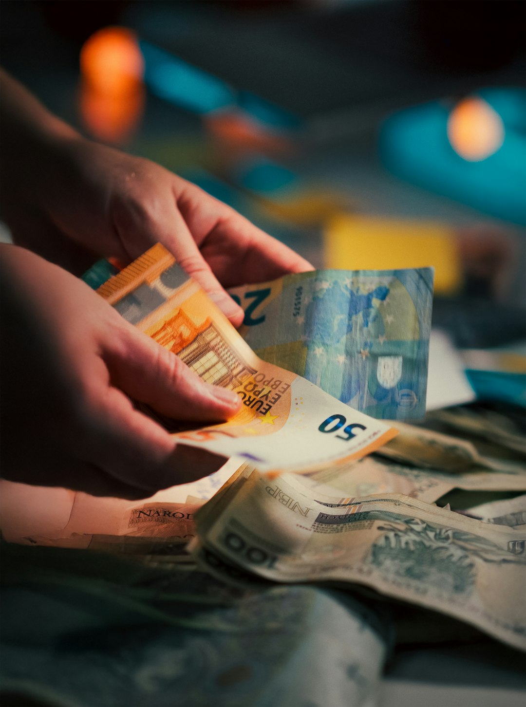 counting euro banknotes currency exchange Close-up view mixed Polish zloty bills
